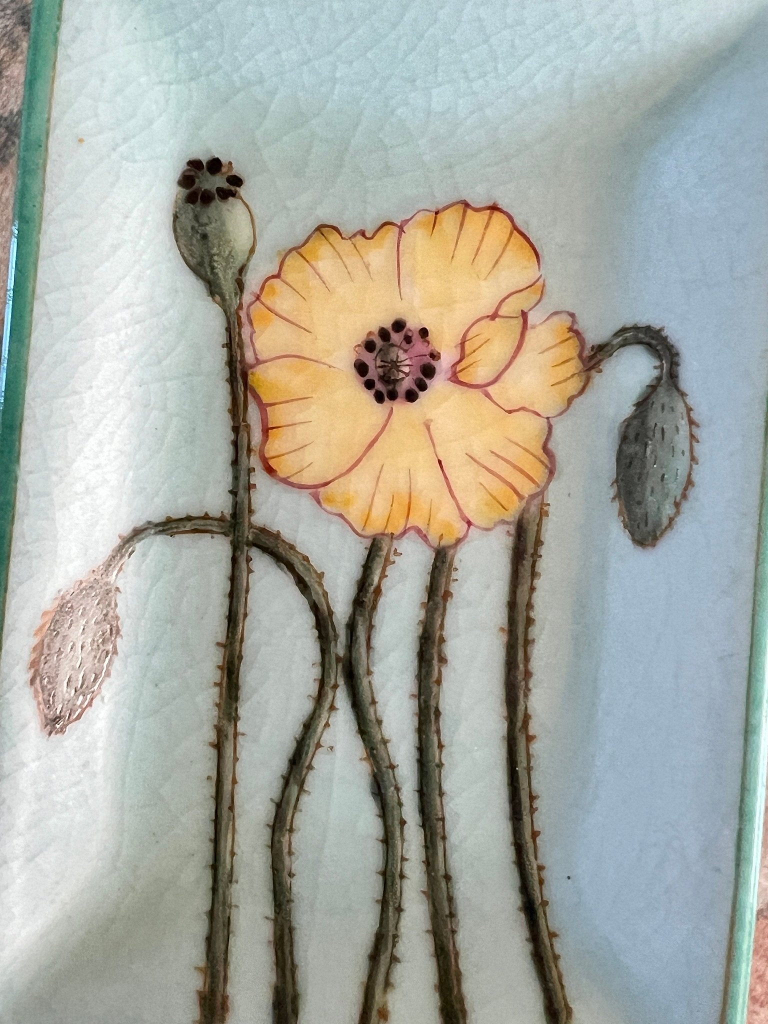 Hand - Painted Ceramic Trinket Dish — Blue with Yellow & Green Floral, 4.5" x 3", French Market - Loom Vintage