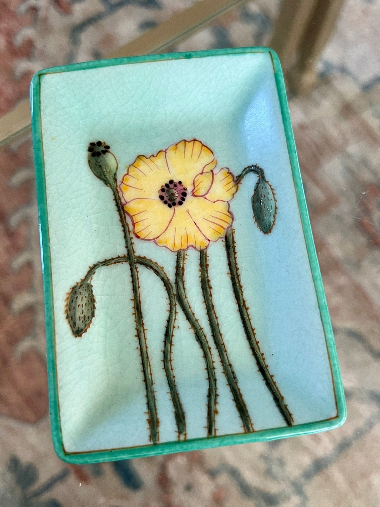 Hand - Painted Ceramic Trinket Dish — Blue with Yellow & Green Floral, 4.5" x 3", French Market - Loom Vintage