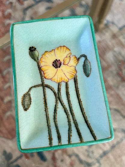 Hand - Painted Ceramic Trinket Dish — Blue with Yellow & Green Floral, 4.5" x 3", French Market - Loom Vintage