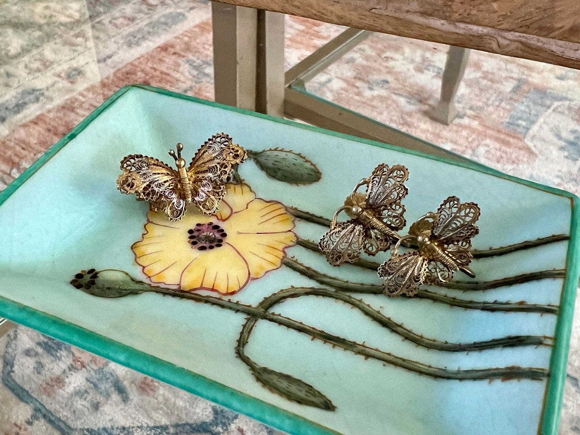 Hand - Painted Ceramic Trinket Dish — Blue with Yellow & Green Floral, 4.5" x 3", French Market - Loom Vintage