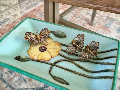Hand - Painted Ceramic Trinket Dish — Blue with Yellow & Green Floral, 4.5" x 3", French Market - Loom Vintage