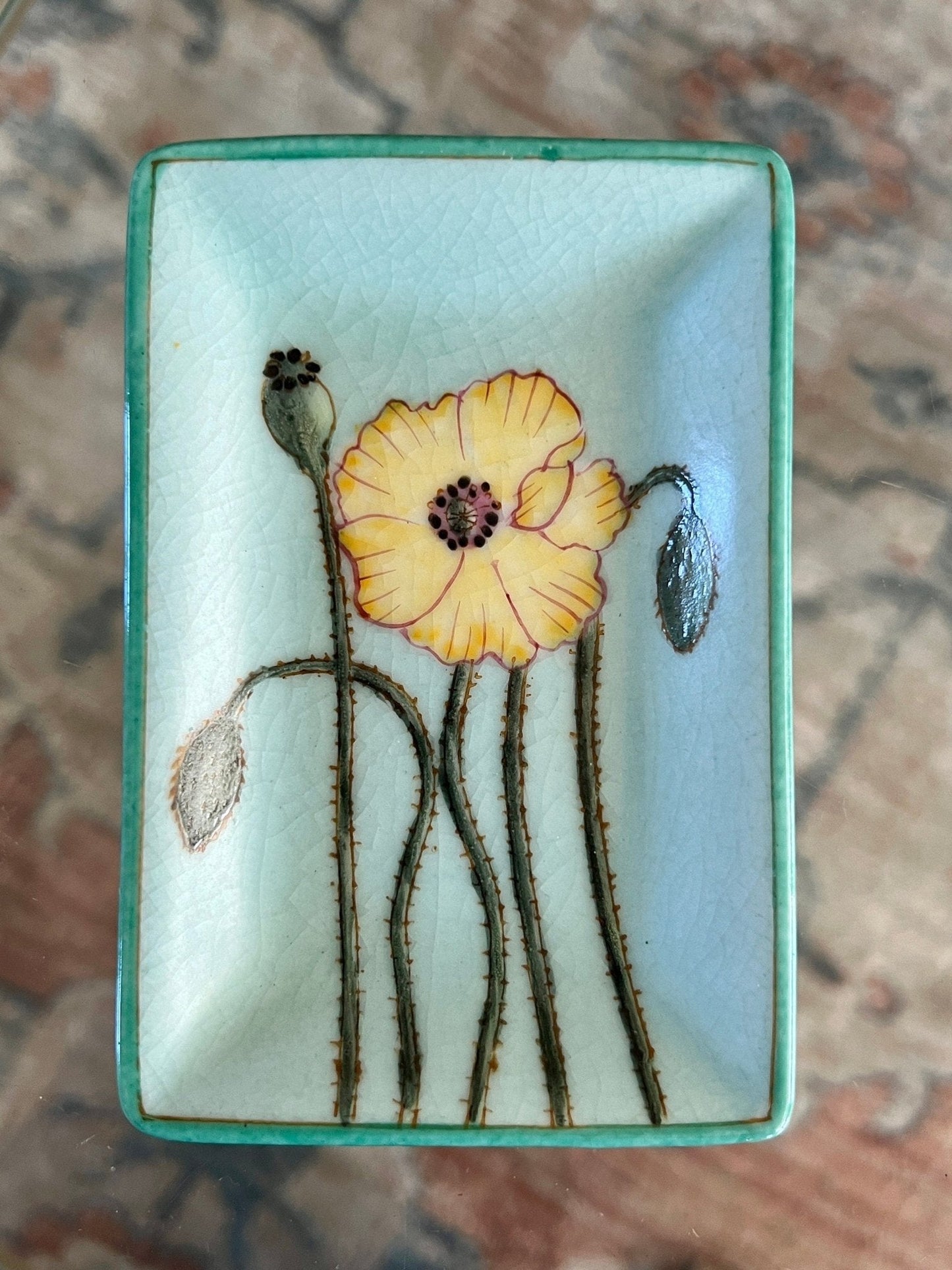Hand - Painted Ceramic Trinket Dish — Blue with Yellow & Green Floral, 4.5" x 3", French Market - Loom Vintage