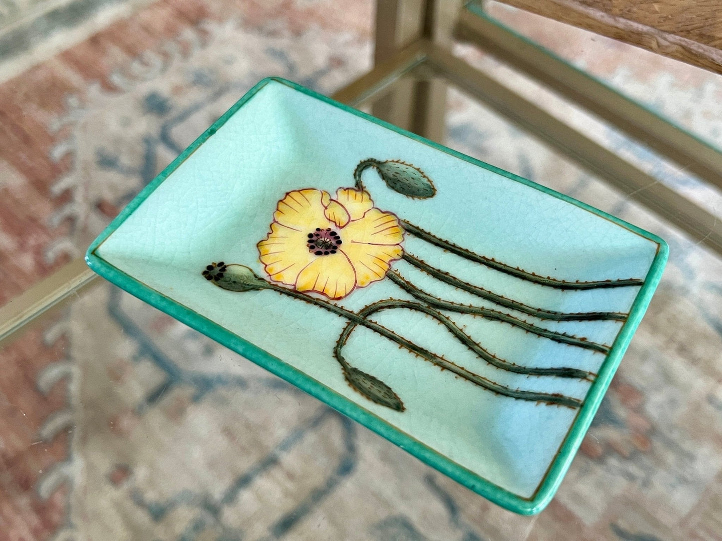 Hand - Painted Ceramic Trinket Dish — Blue with Yellow & Green Floral, 4.5" x 3", French Market - Loom Vintage