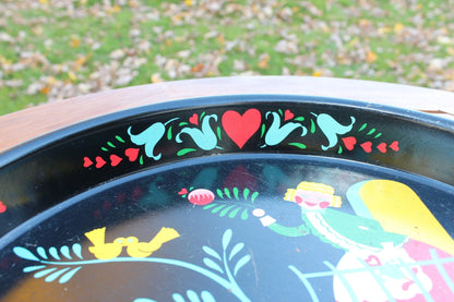 Hand - Painted Folk Art Metal Tray — Pennsylvania Dutch Lovers, Blue Red & Yellow on Black, 13.25" - Loom Vintage