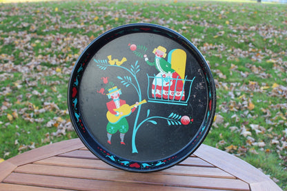 Hand - Painted Folk Art Metal Tray — Pennsylvania Dutch Lovers, Blue Red & Yellow on Black, 13.25" - Loom Vintage