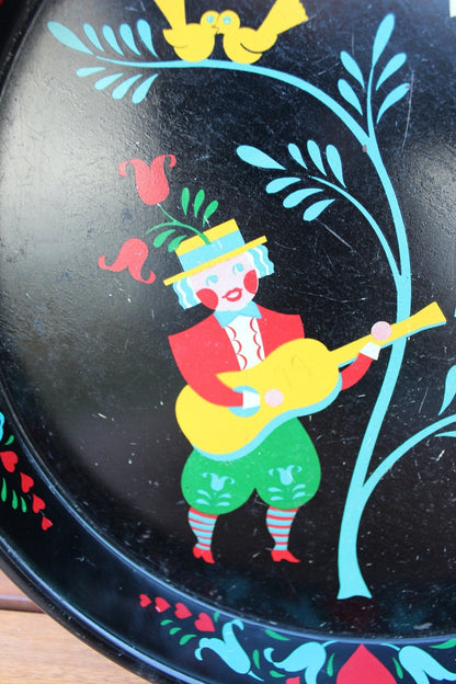 Hand - Painted Folk Art Metal Tray — Pennsylvania Dutch Lovers, Blue Red & Yellow on Black, 13.25" - Loom Vintage