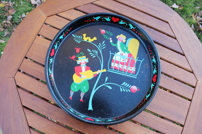 Hand - Painted Folk Art Metal Tray — Pennsylvania Dutch Lovers, Blue Red & Yellow on Black, 13.25" - Loom Vintage