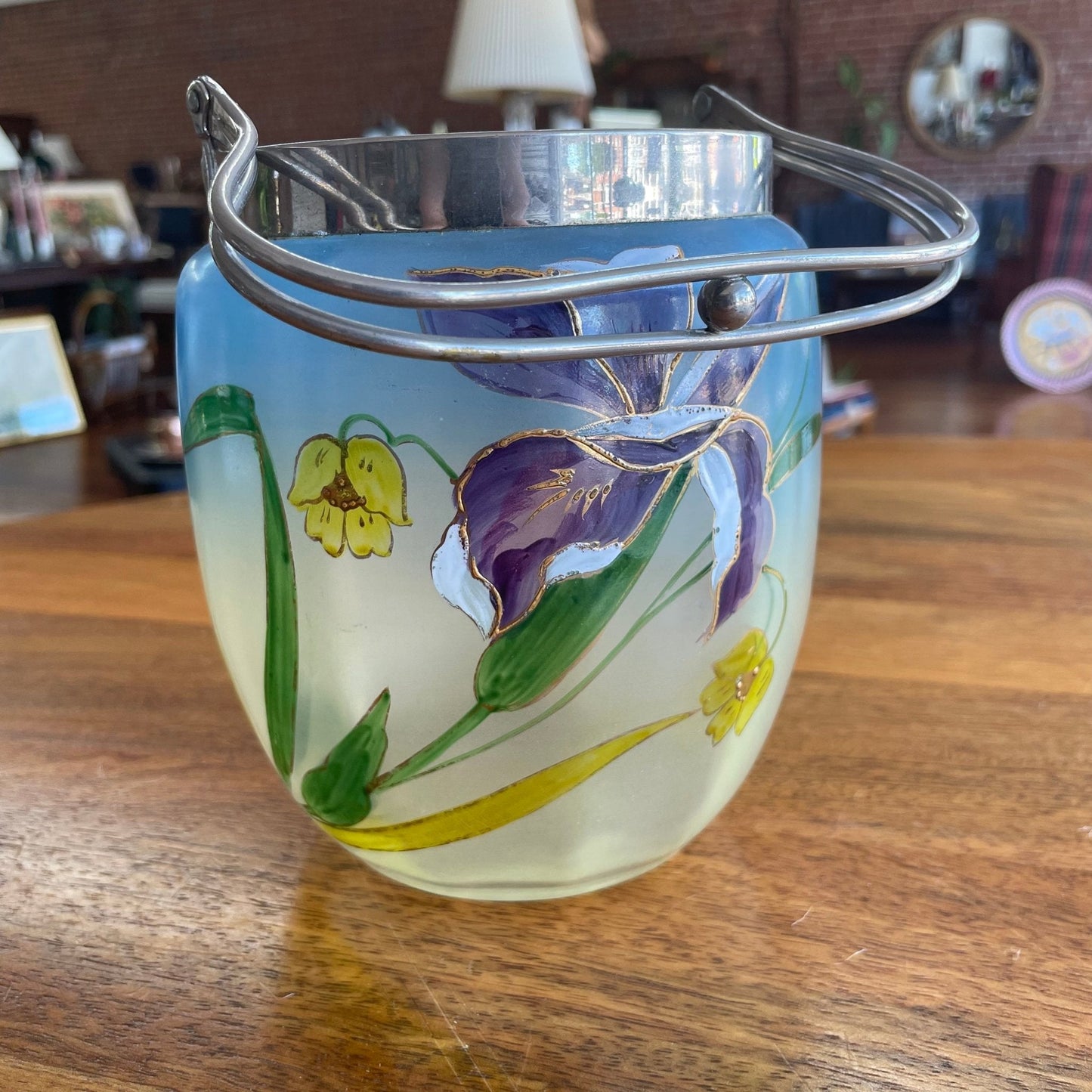 Hand-Painted Italian Glass Ice Bucket — Iris & Lily Floral, Ombré Blue to Yellow, Silver Handle - Loom Vintage