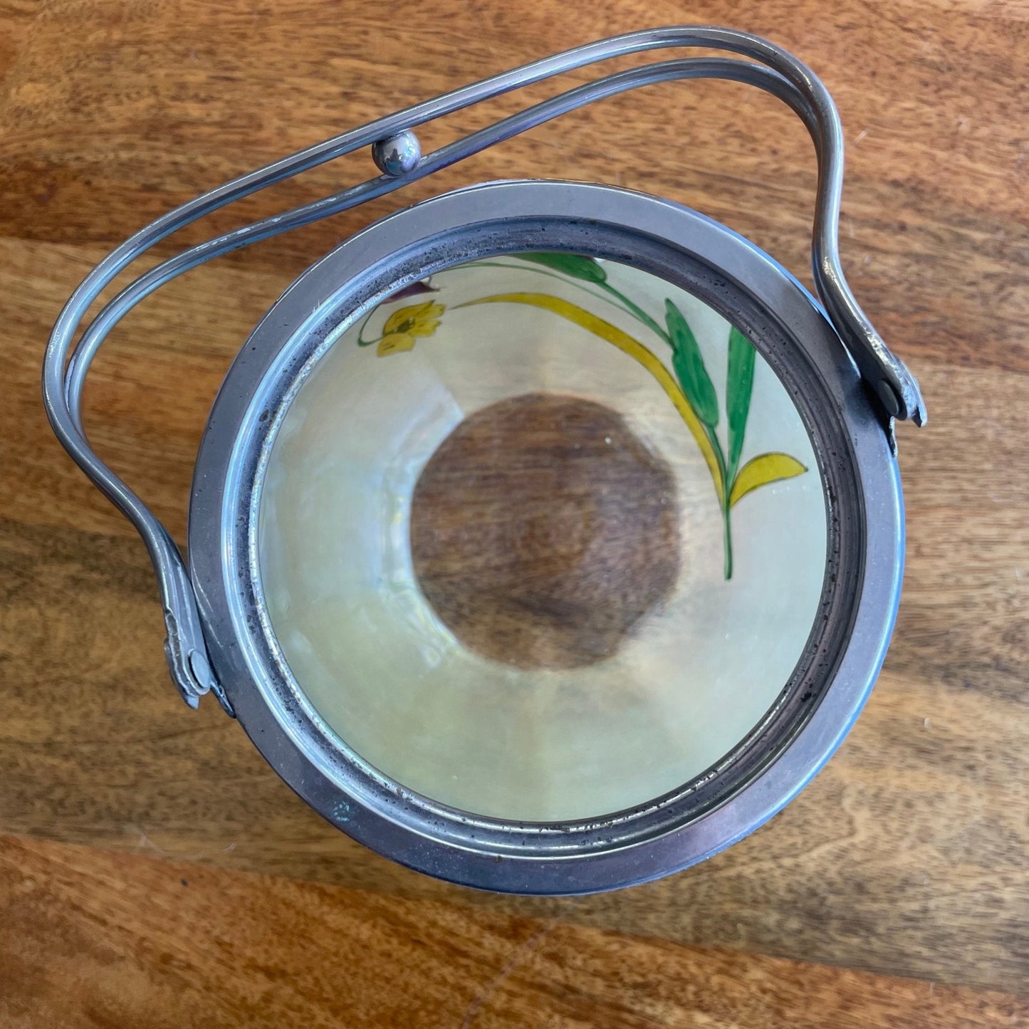Hand-Painted Italian Glass Ice Bucket — Iris & Lily Floral, Ombré Blue to Yellow, Silver Handle - Loom Vintage