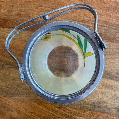 Hand-Painted Italian Glass Ice Bucket — Iris & Lily Floral, Ombré Blue to Yellow, Silver Handle - Loom Vintage