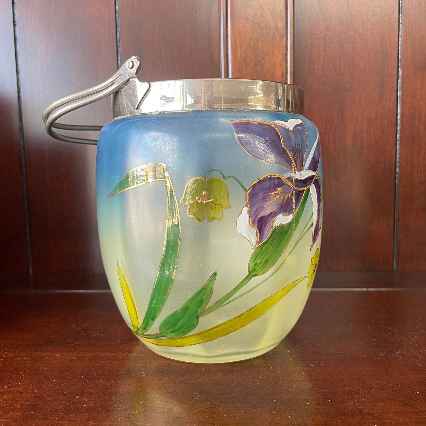 Hand-Painted Italian Glass Ice Bucket — Iris & Lily Floral, Ombré Blue to Yellow, Silver Handle - Loom Vintage