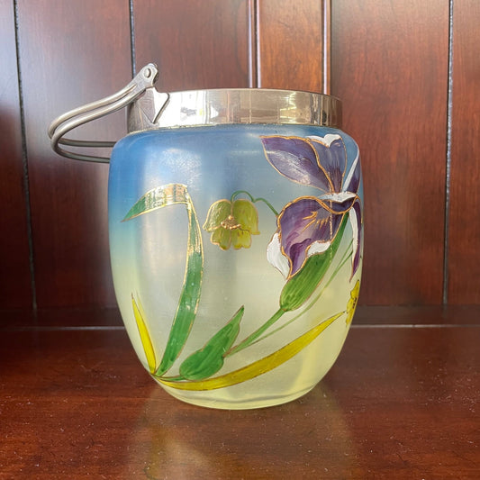 Hand-Painted Italian Glass Ice Bucket — Iris & Lily Floral, Ombré Blue to Yellow, Silver Handle - Loom Vintage
