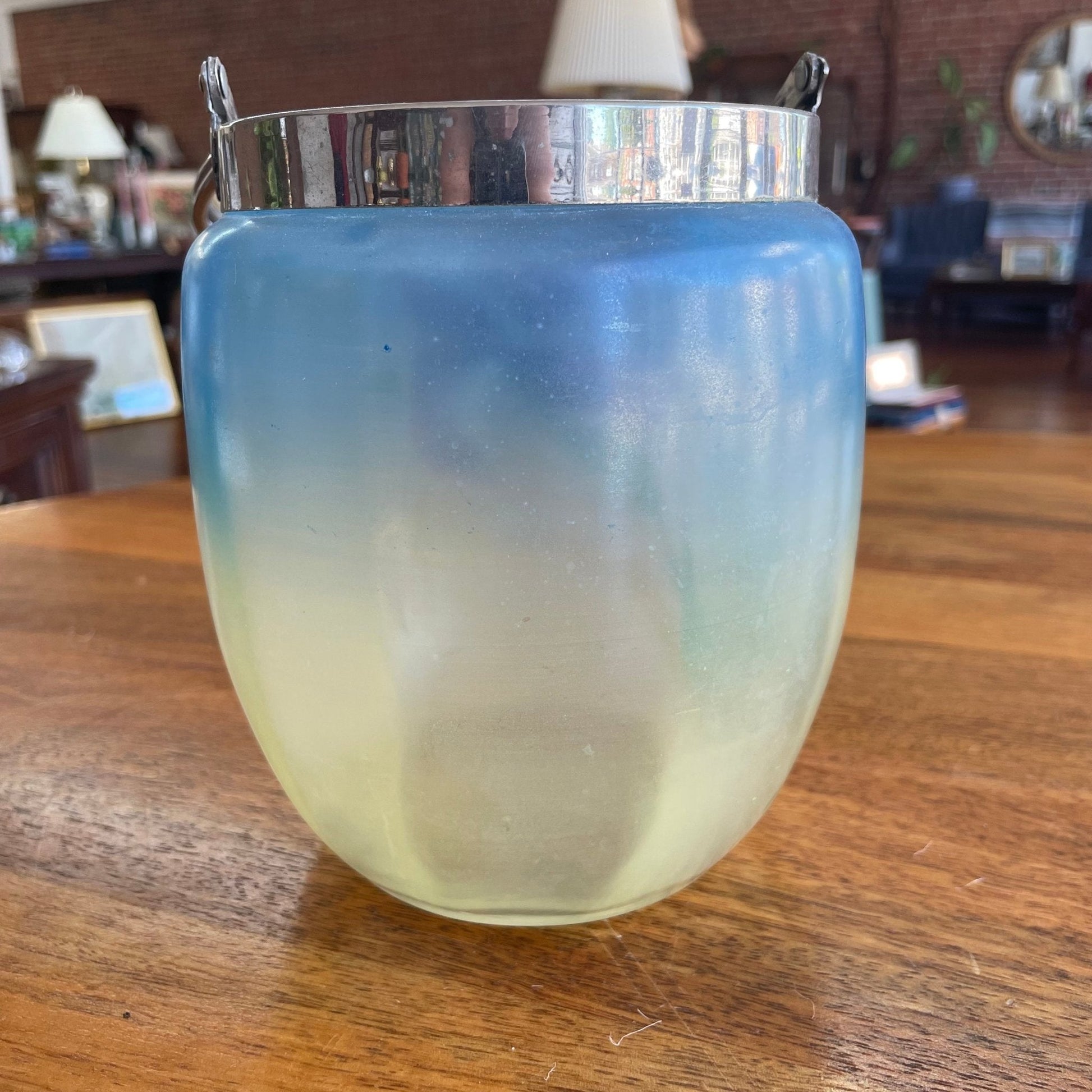 Hand-Painted Italian Glass Ice Bucket — Iris & Lily Floral, Ombré Blue to Yellow, Silver Handle - Loom Vintage
