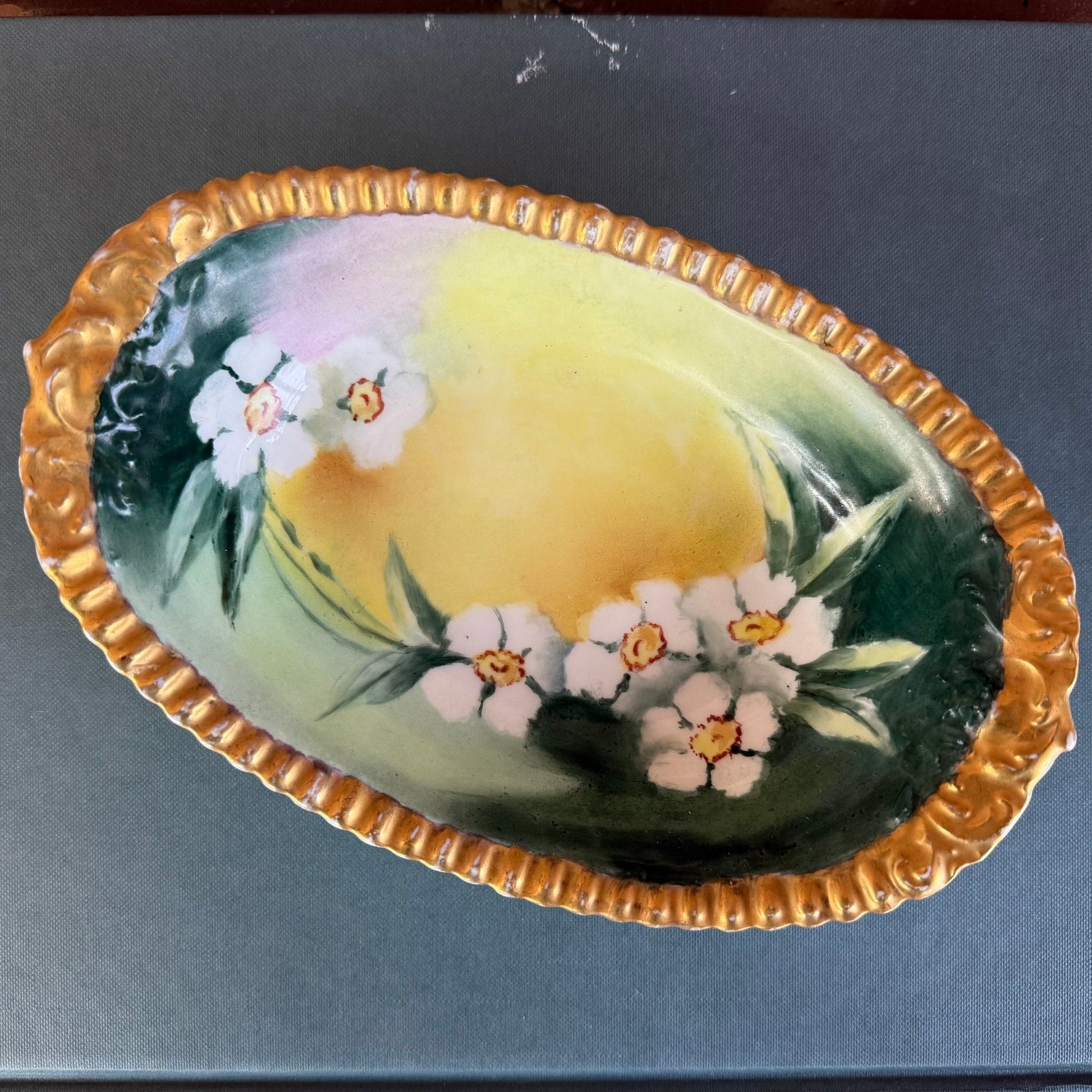 Hand - Painted Limoges Oval Dish with Daisies, Green & Gold Trim (T&V France) - Loom Vintage