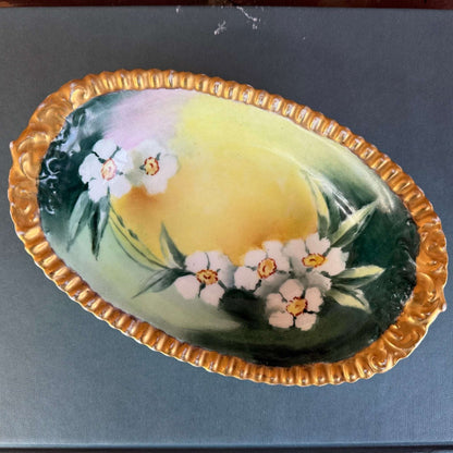 Hand - Painted Limoges Oval Dish with Daisies, Green & Gold Trim (T&V France) - Loom Vintage