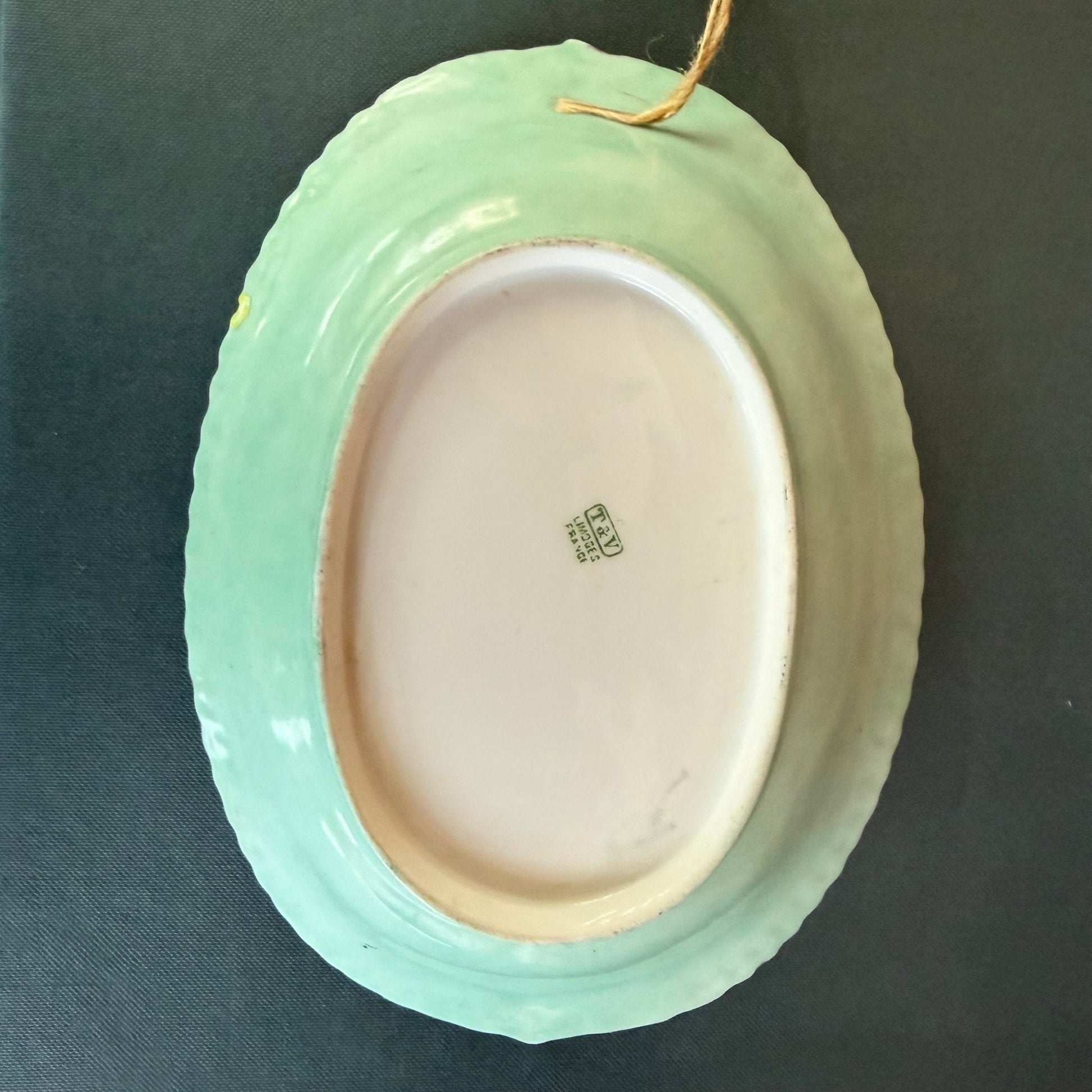 Hand - Painted Limoges Oval Dish with Daisies, Green & Gold Trim (T&V France) - Loom Vintage
