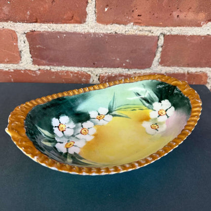 Hand - Painted Limoges Oval Dish with Daisies, Green & Gold Trim (T&V France) - Loom Vintage