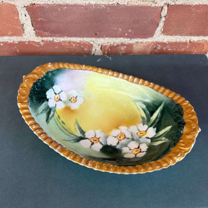 Hand - Painted Limoges Oval Dish with Daisies, Green & Gold Trim (T&V France) - Loom Vintage