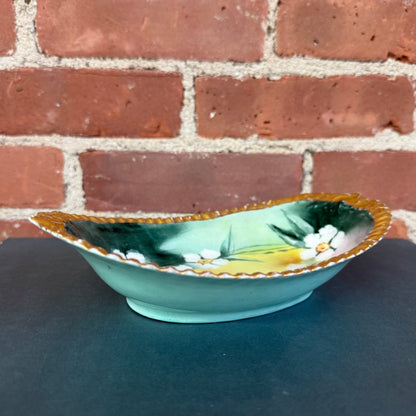 Hand - Painted Limoges Oval Dish with Daisies, Green & Gold Trim (T&V France) - Loom Vintage
