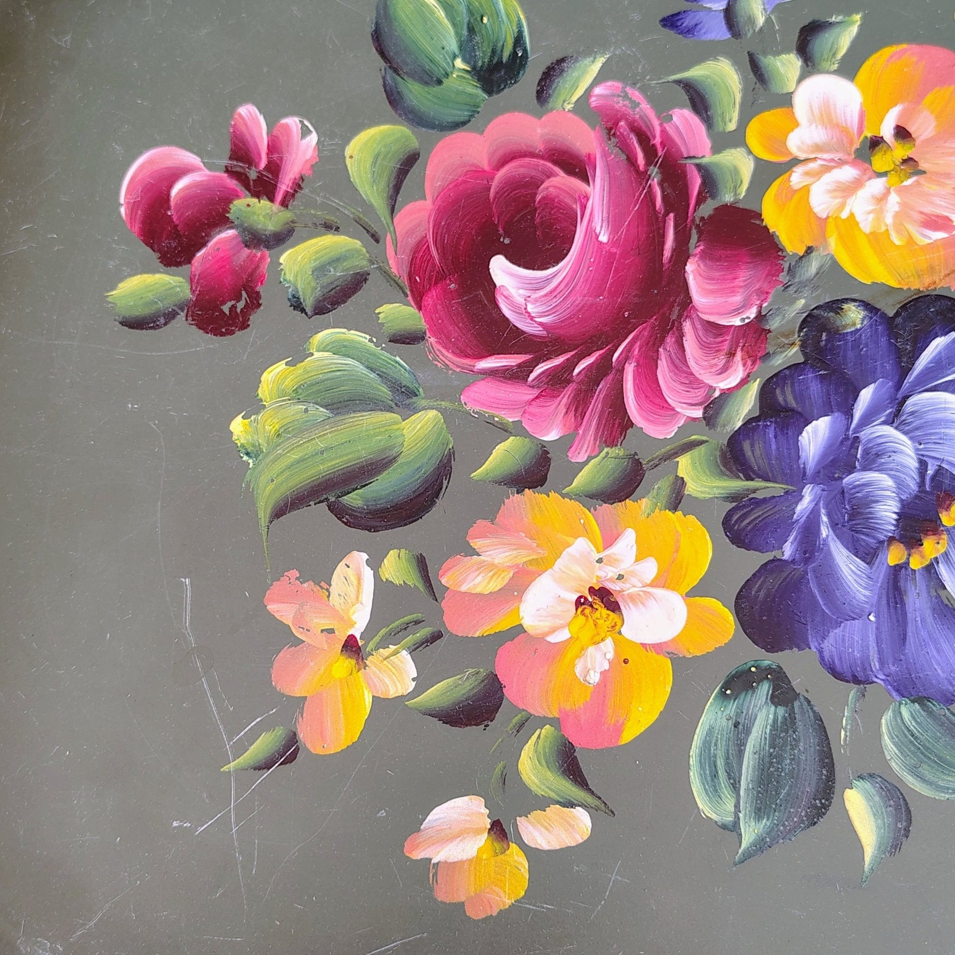 Hand - Painted Nashco Green Tole Tray with Floral Design, 1950s Vintage - Loom Vintage
