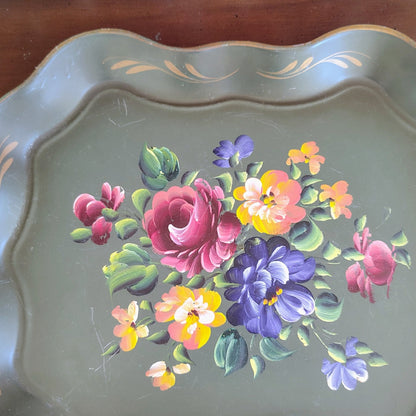 Hand - Painted Nashco Green Tole Tray with Floral Design, 1950s Vintage - Loom Vintage