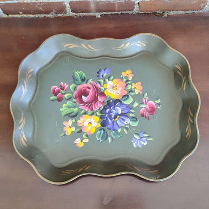 Hand - Painted Nashco Green Tole Tray with Floral Design, 1950s Vintage - Loom Vintage