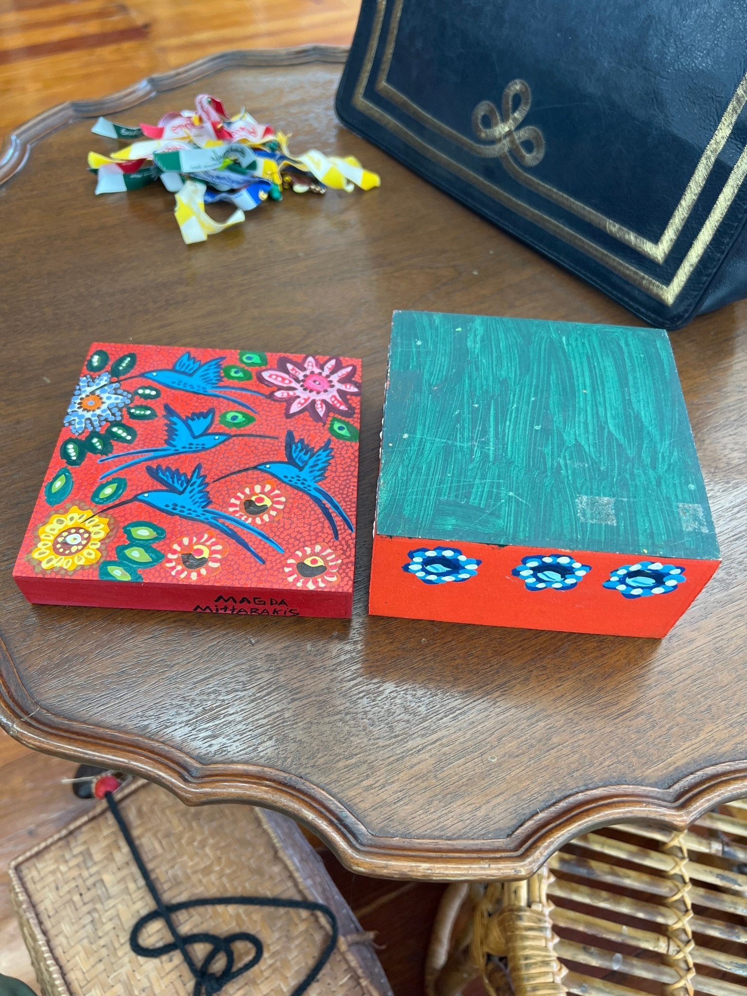 Hand - Painted Wooden Hummingbird Keepsake Box by Magda Mittarakis – Folk Art Storage Box - Loom Vintage