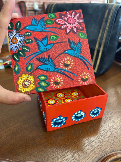 Hand - Painted Wooden Hummingbird Keepsake Box by Magda Mittarakis – Folk Art Storage Box - Loom Vintage