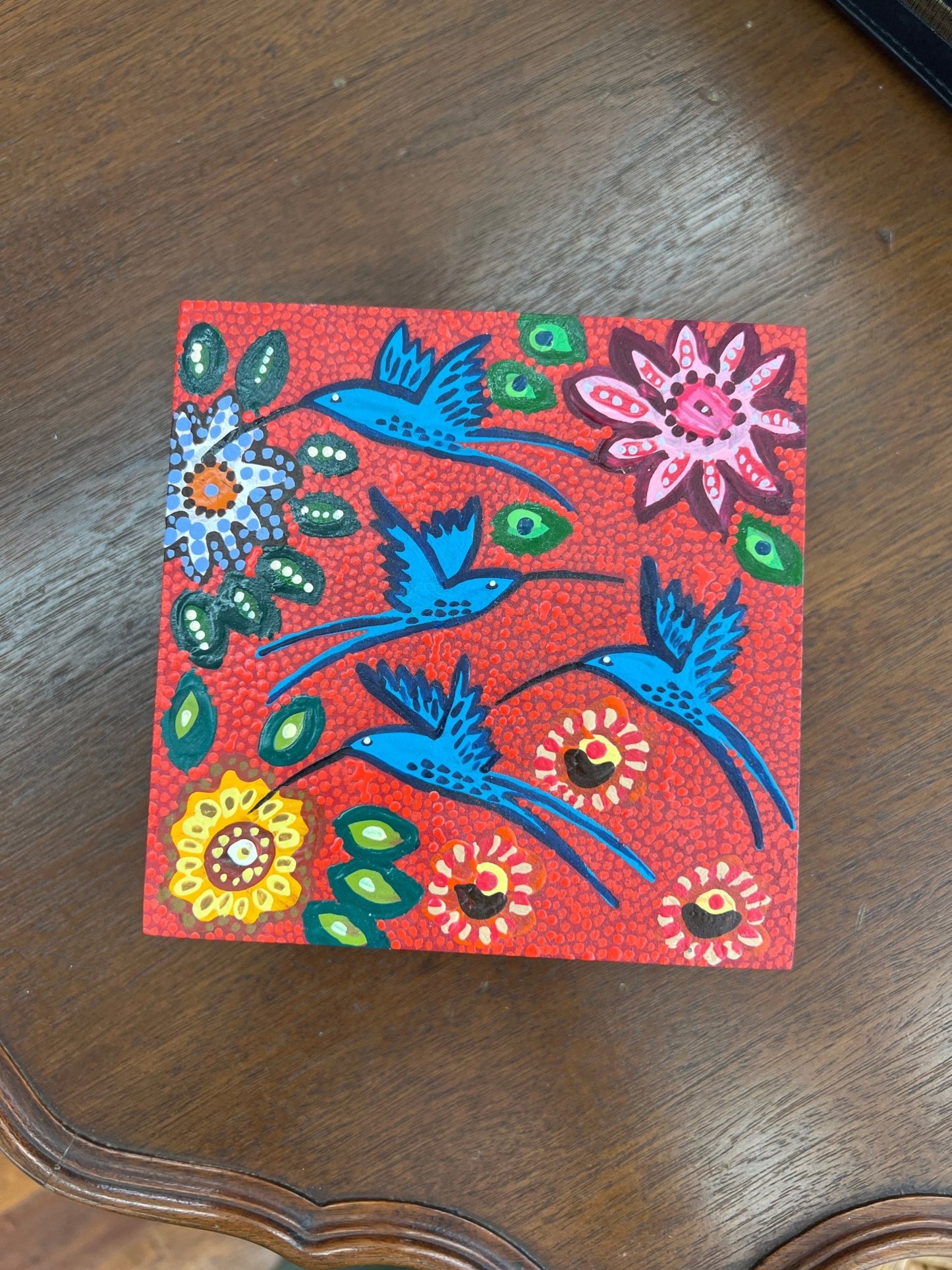 Hand - Painted Wooden Hummingbird Keepsake Box by Magda Mittarakis – Folk Art Storage Box - Loom Vintage