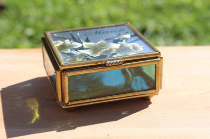 Handcrafted Brass and Glass Vintage "March" Jewelry Box / Mirrored Trinket Glass Box / Vanity Box - Loom Vintage