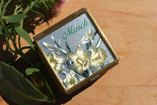 Handcrafted Brass and Glass Vintage "March" Jewelry Box / Mirrored Trinket Glass Box / Vanity Box - Loom Vintage