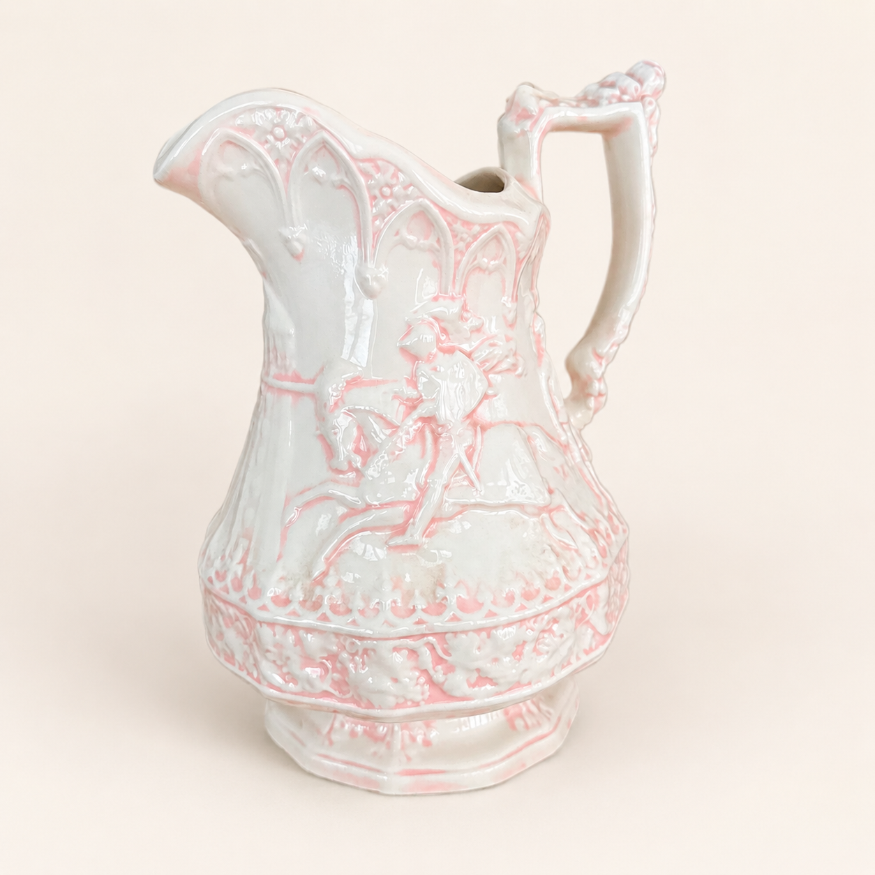 Handmade Ceramic Gothic Knight Pitcher, Pink & White, Signed Shirley