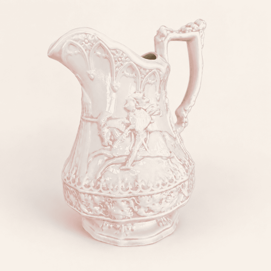 Handmade Ceramic Gothic Knight Pitcher, Pink & White, Signed Shirley