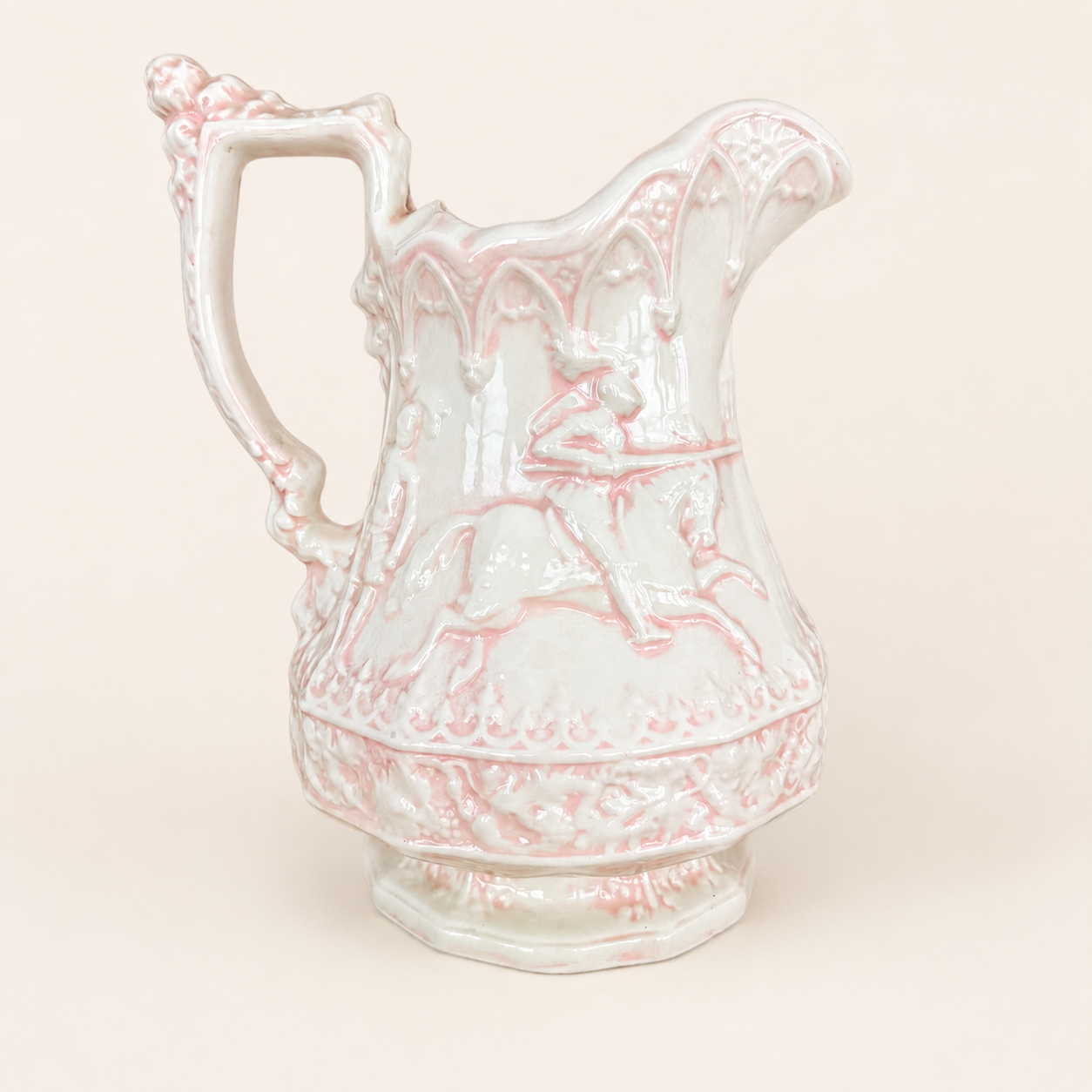 Handmade Ceramic Gothic Knight Pitcher, Pink & White, Signed Shirley