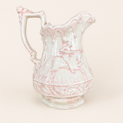 Handmade Ceramic Gothic Knight Pitcher, Pink & White, Signed Shirley