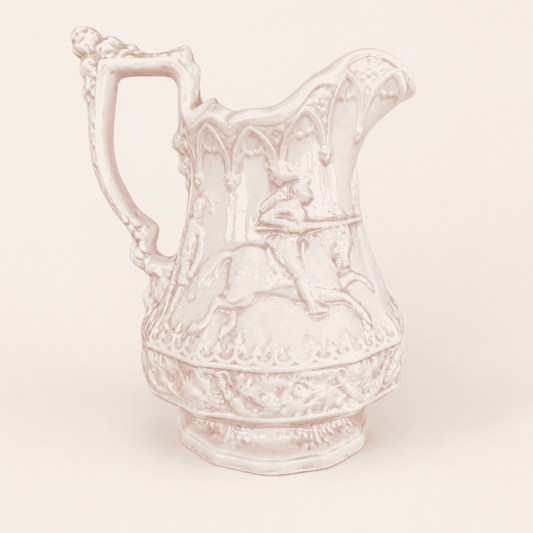 Handmade Ceramic Gothic Knight Pitcher, Pink & White, Signed Shirley