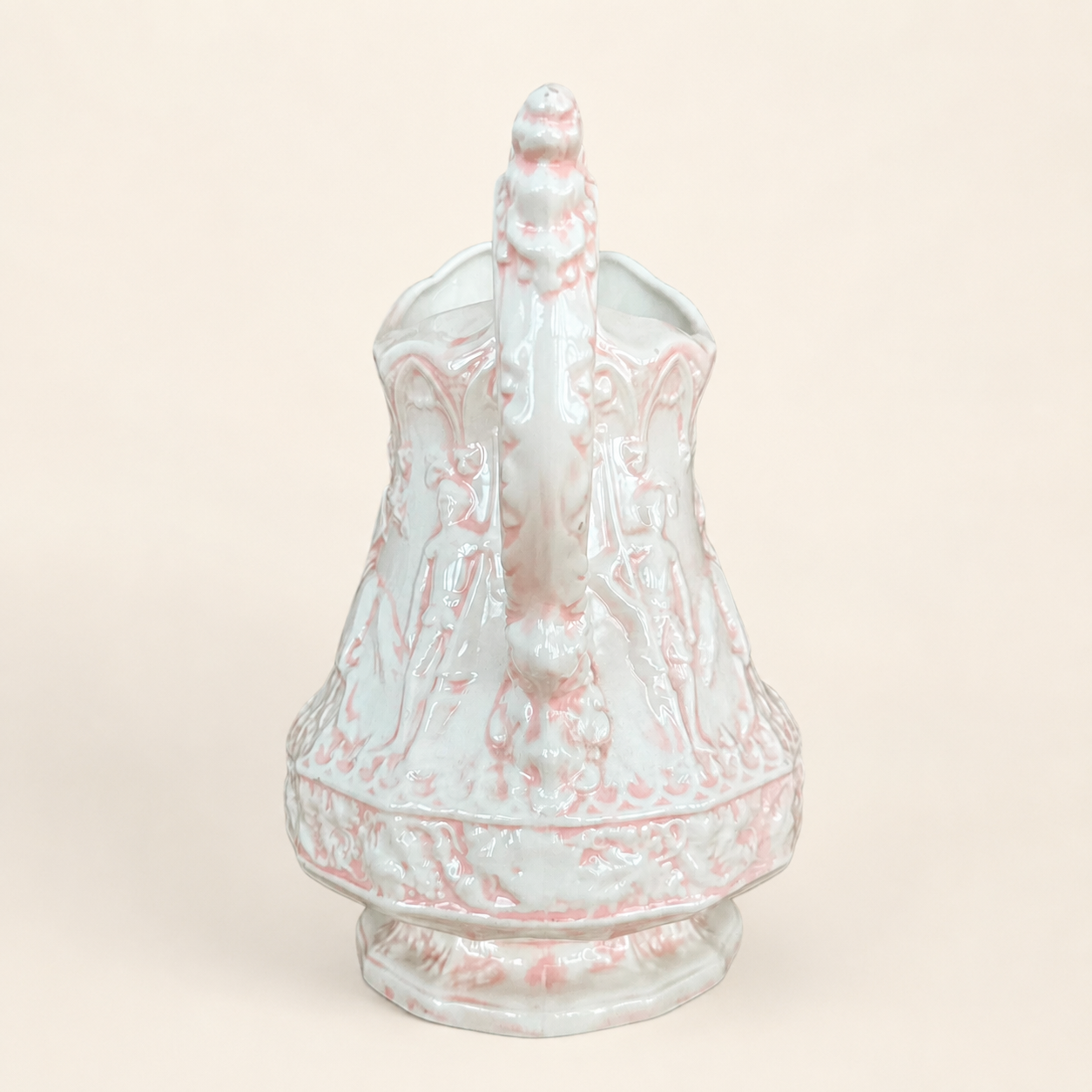Handmade Ceramic Gothic Knight Pitcher, Pink & White, Signed Shirley