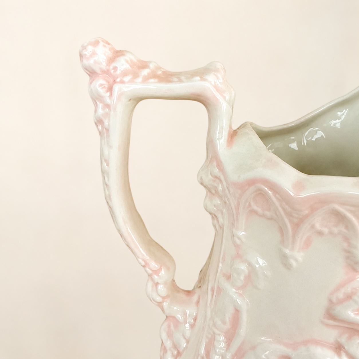 Handmade Ceramic Gothic Knight Pitcher, Pink & White, Signed Shirley