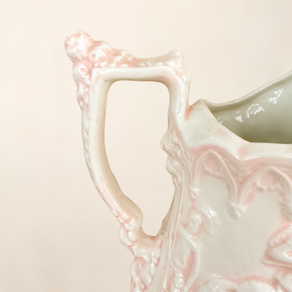 Handmade Ceramic Gothic Knight Pitcher, Pink & White, Signed Shirley