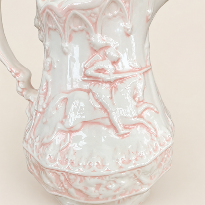 Handmade Ceramic Gothic Knight Pitcher, Pink & White, Signed Shirley