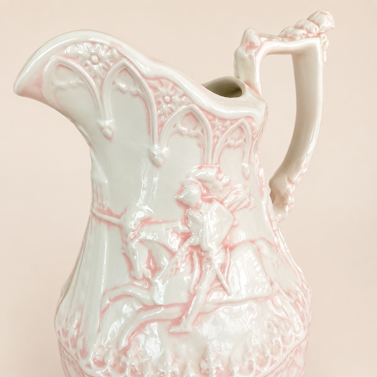 Handmade Ceramic Gothic Knight Pitcher, Pink & White, Signed Shirley