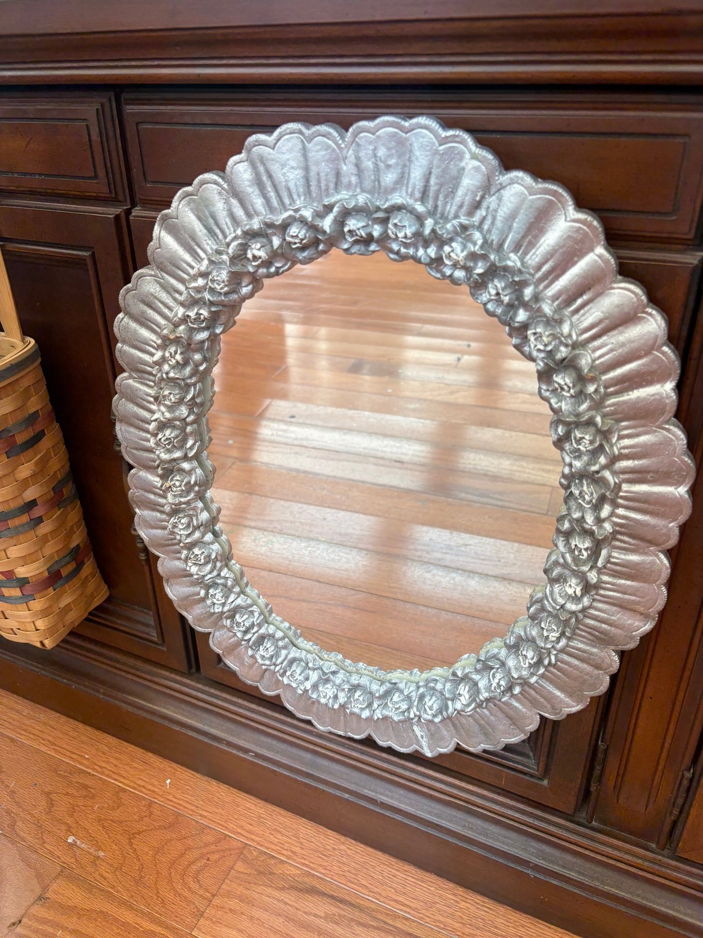 Handmade Painted Ceramic Mirror with Embossed Floral Frame – Artist Signed - Loom Vintage