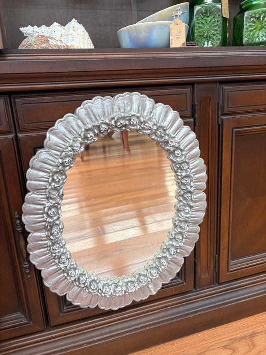 Handmade Painted Ceramic Mirror with Embossed Floral Frame – Artist Signed - Loom Vintage