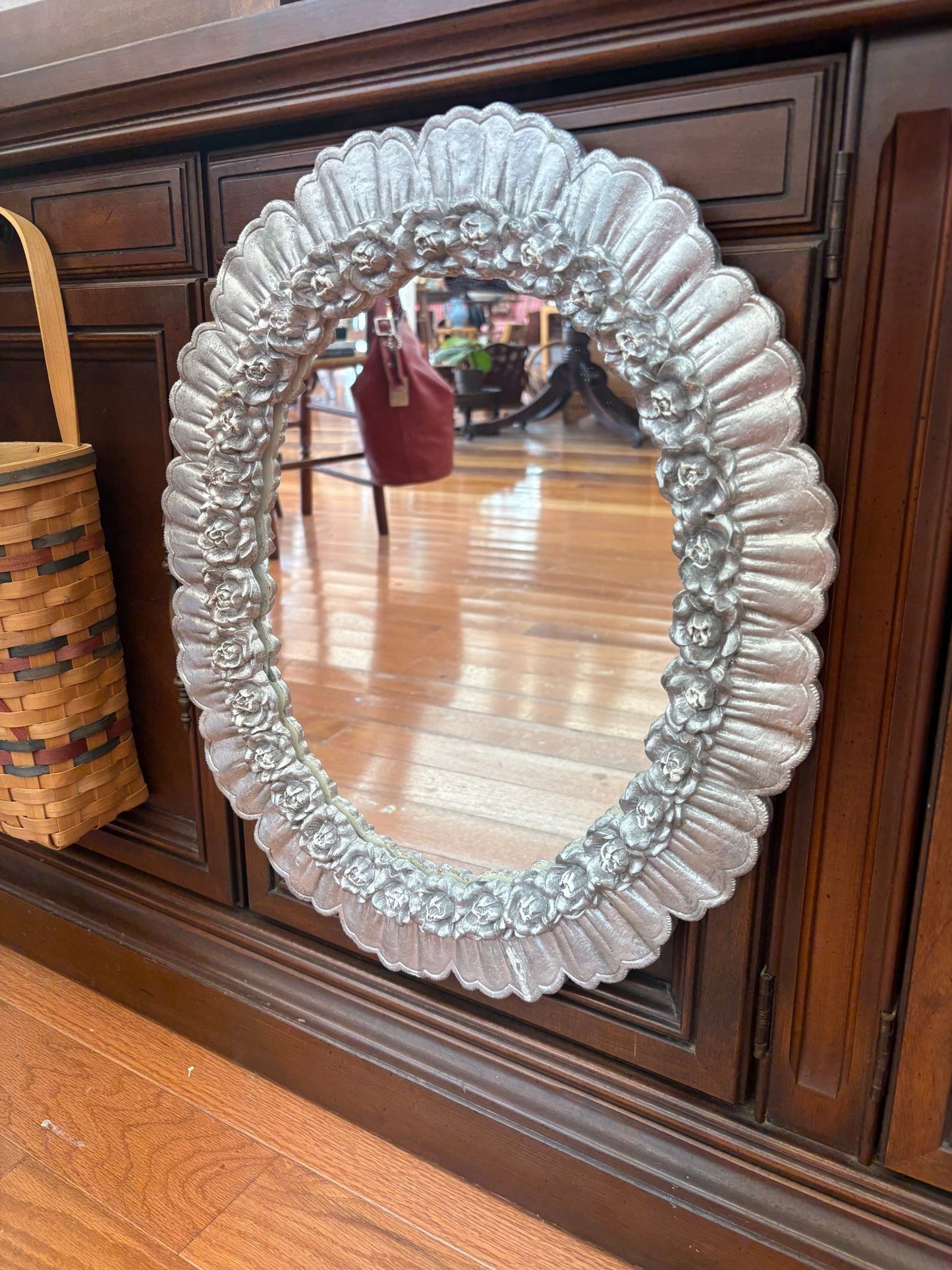 Handmade Painted Ceramic Mirror with Embossed Floral Frame – Artist Signed - Loom Vintage