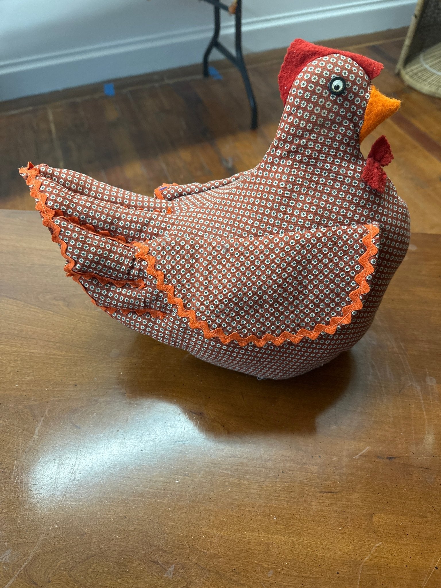 Handmade Patchwork Chicken Plush Vintage Decor Kitchen Calico Country, Red and orange chicken door stop - Loom Vintage
