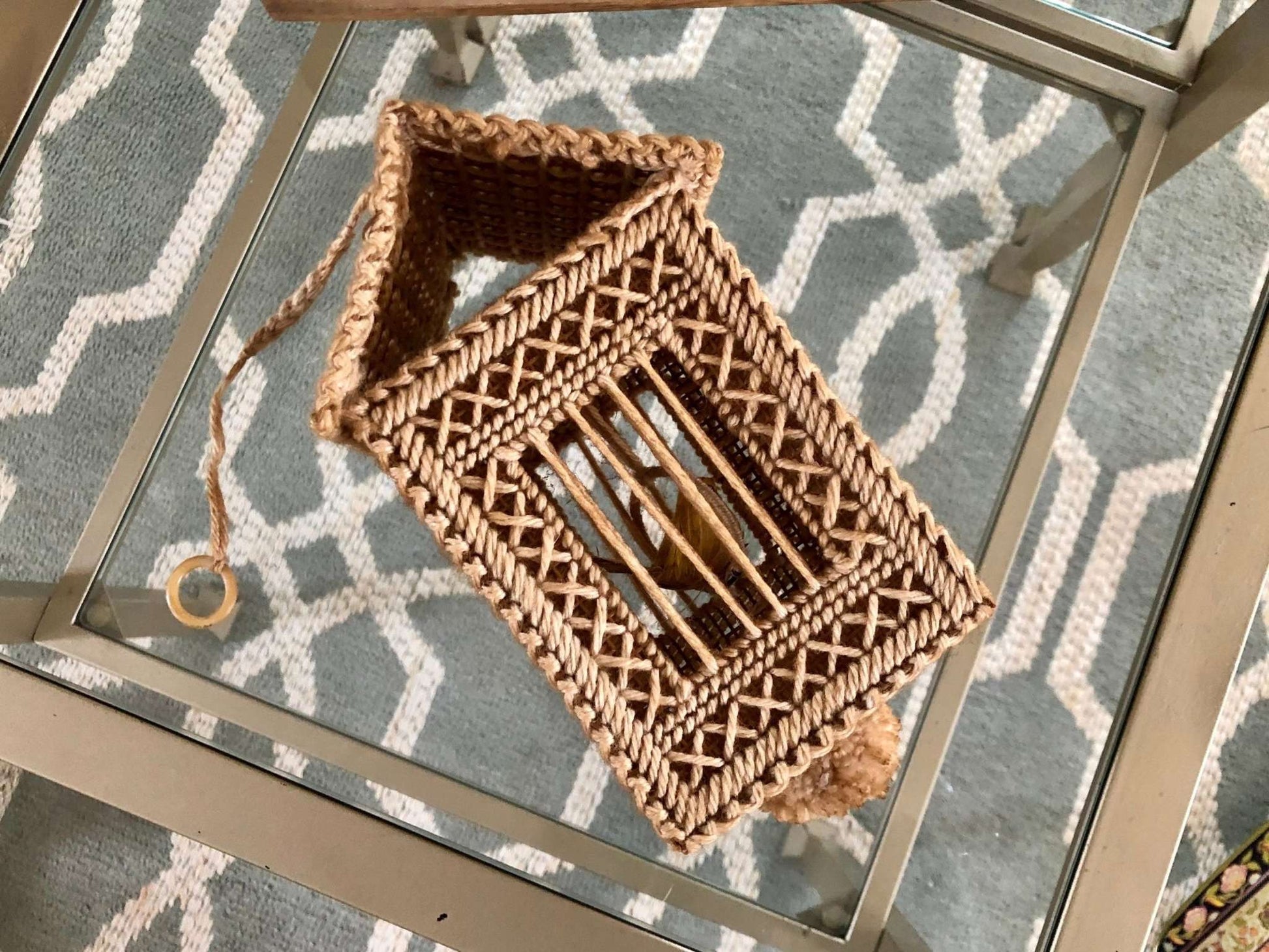 Handmade Plastic-Canvas Birdcage with Bird - Loom Vintage