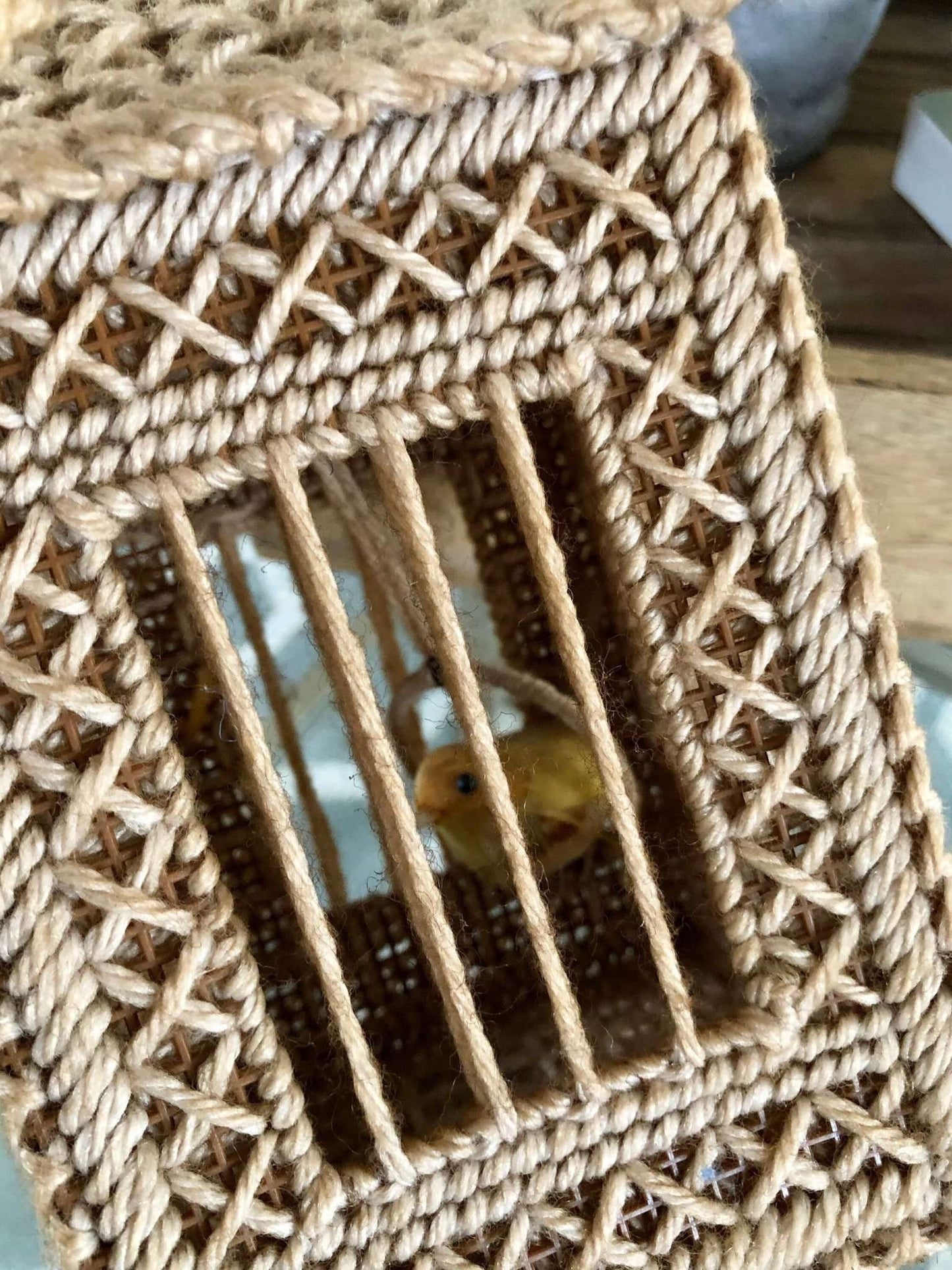 Handmade Plastic-Canvas Birdcage with Bird - Loom Vintage