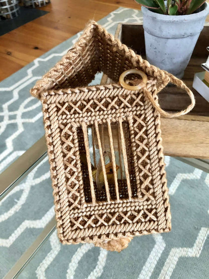 Handmade Plastic-Canvas Birdcage with Bird - Loom Vintage