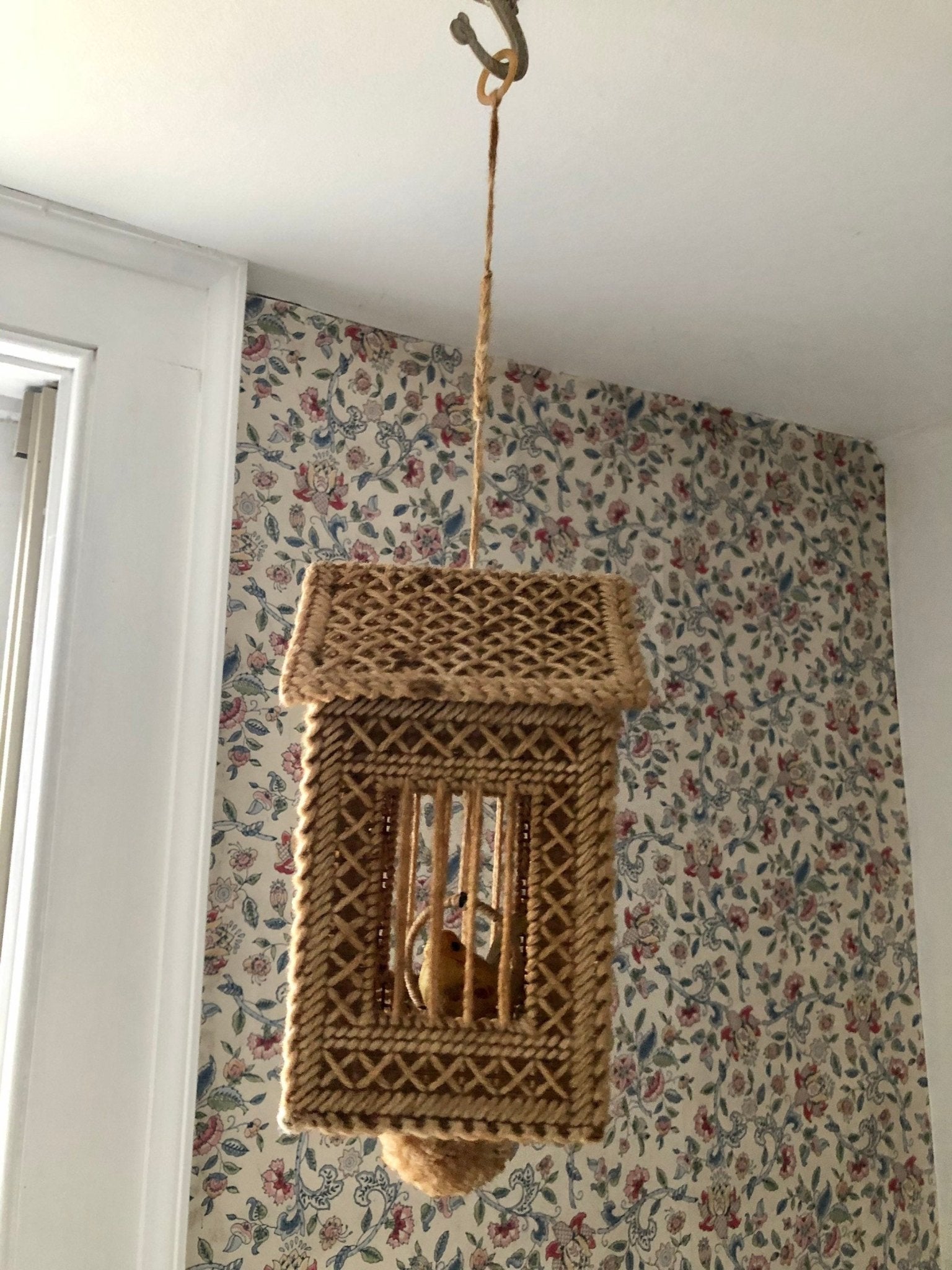 Handmade Plastic-Canvas Birdcage with Bird - Loom Vintage