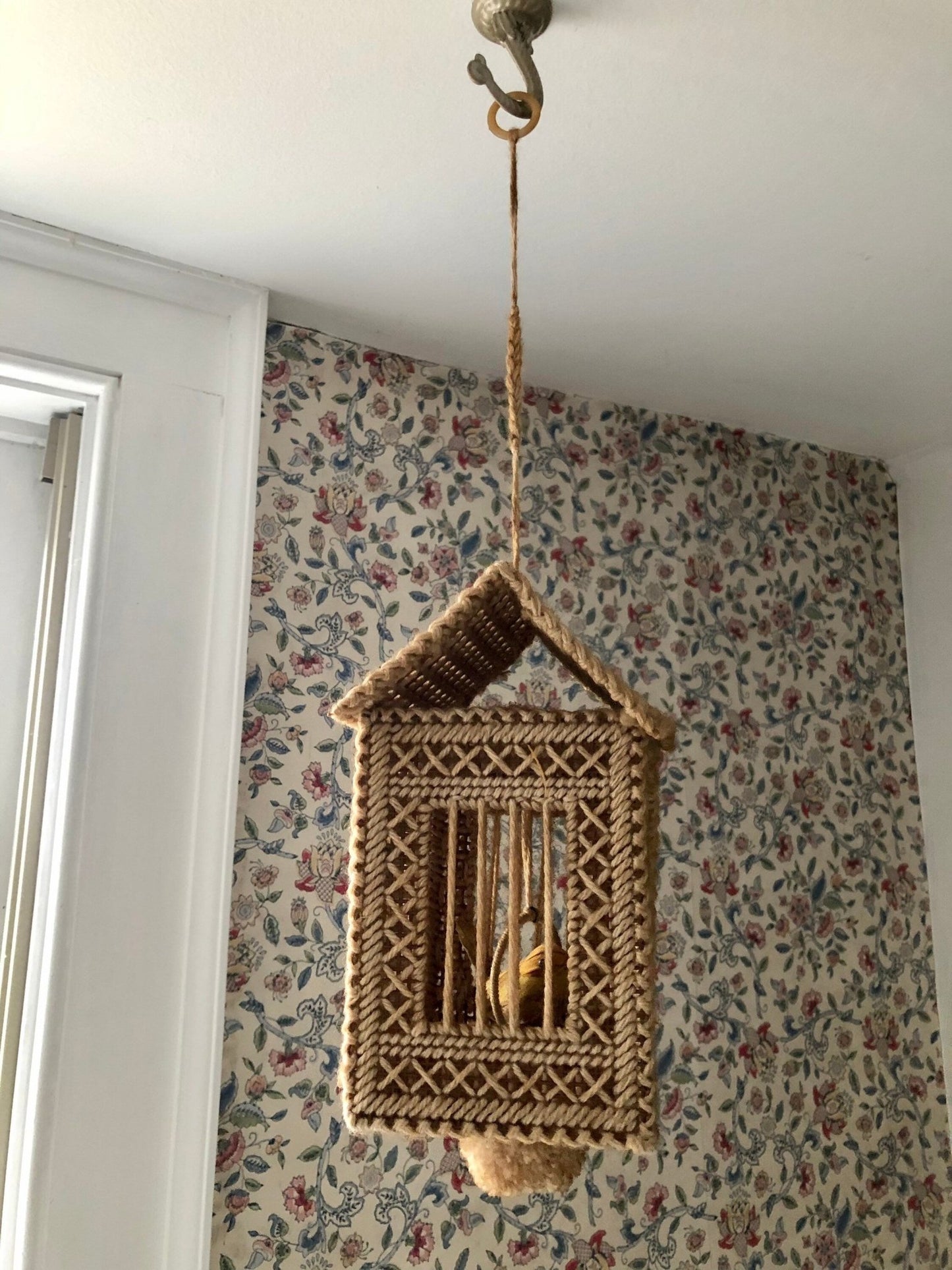 Handmade Plastic-Canvas Birdcage with Bird - Loom Vintage